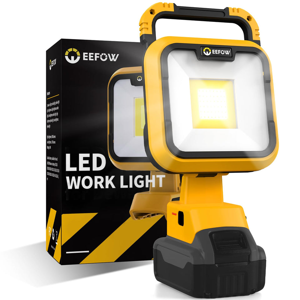 EEFOW work light showing Dewalt battery setup for bright, shadow-free task lighting.