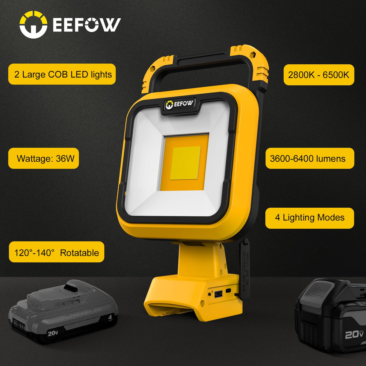 EEFOW work light in a job site setting ready for outdoor use.