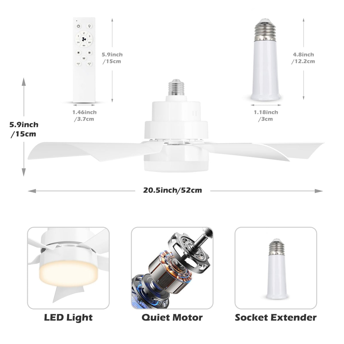 EEK socket fan light 5 blades, 20.5-inch span for stronger circulating breeze.