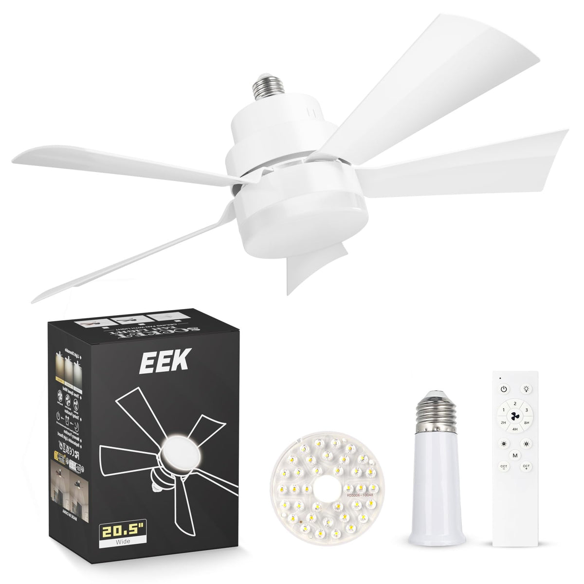 EEK socket fan light assembly ready for quick, tool-free installation in any E26/E27 socket.