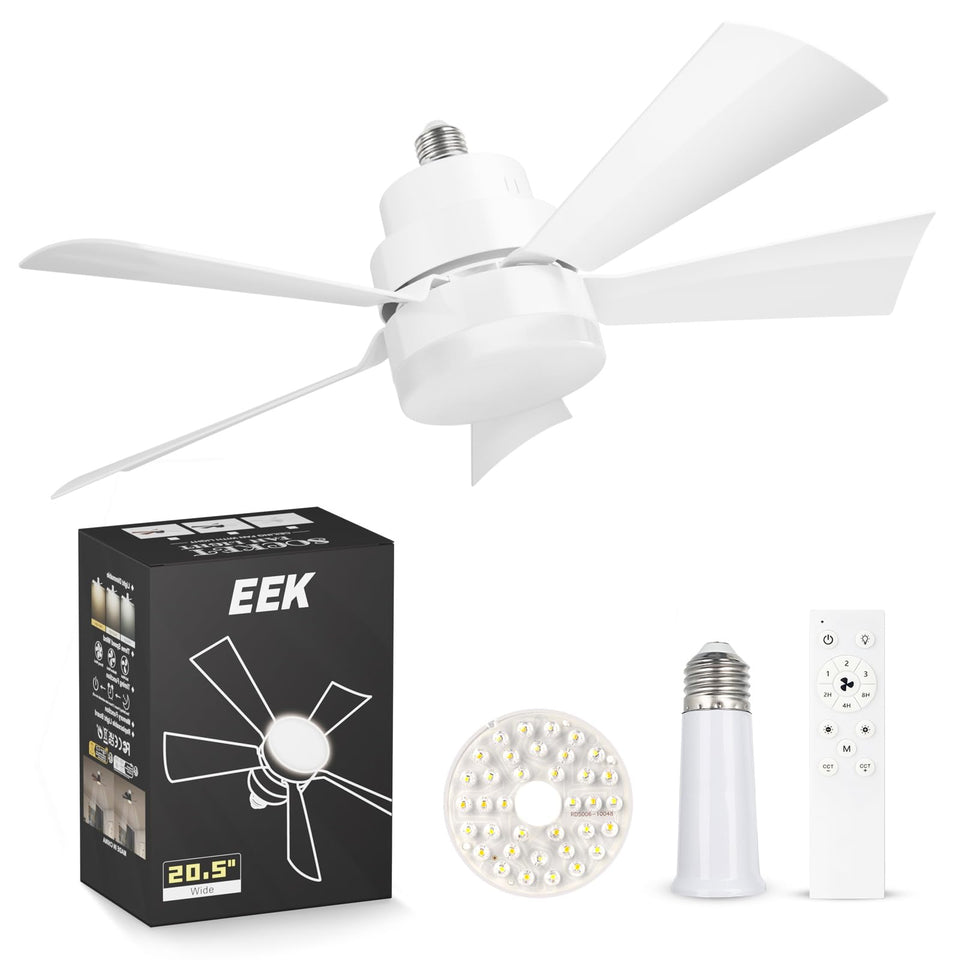 EEK socket fan light assembly ready for quick, tool-free installation in any E26/E27 socket.