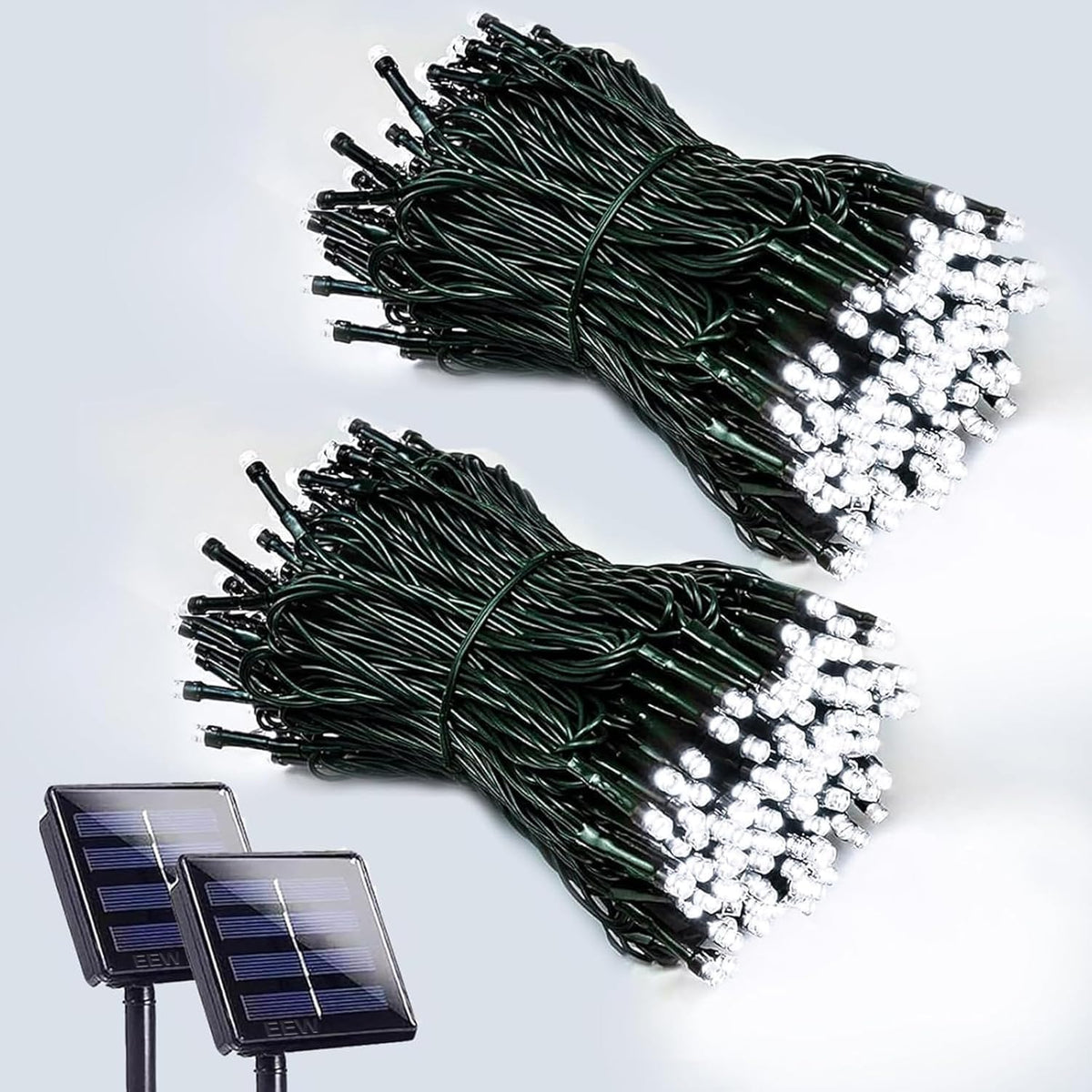 EEW 2-pack 200 LED solar string lights for outdoor decor and ambiance.