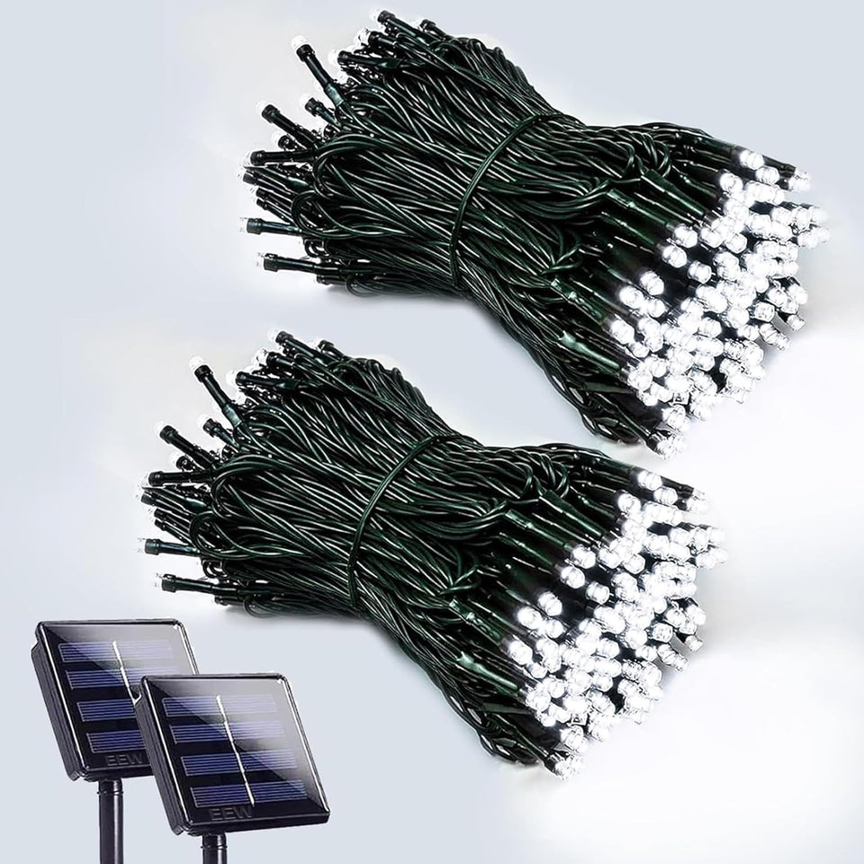 EEW 2-pack 200 LED solar string lights for outdoor decor and ambiance.