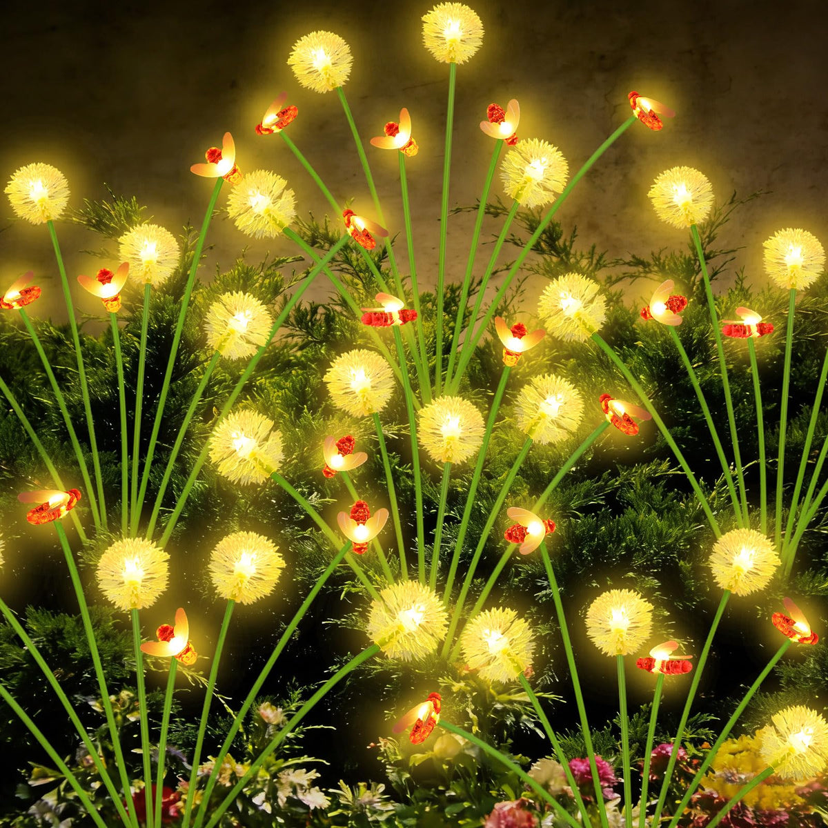 EEW solar dandelion-bee lights front view with ambient garden glow