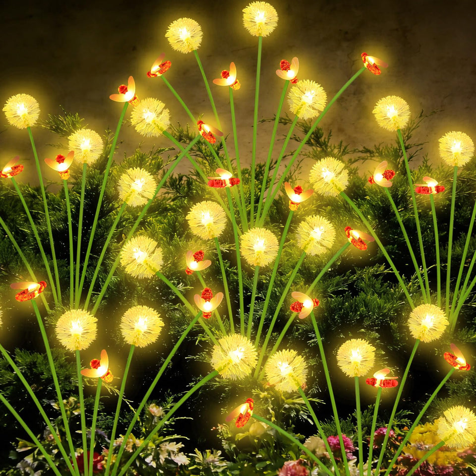 EEW solar dandelion-bee lights front view with ambient garden glow