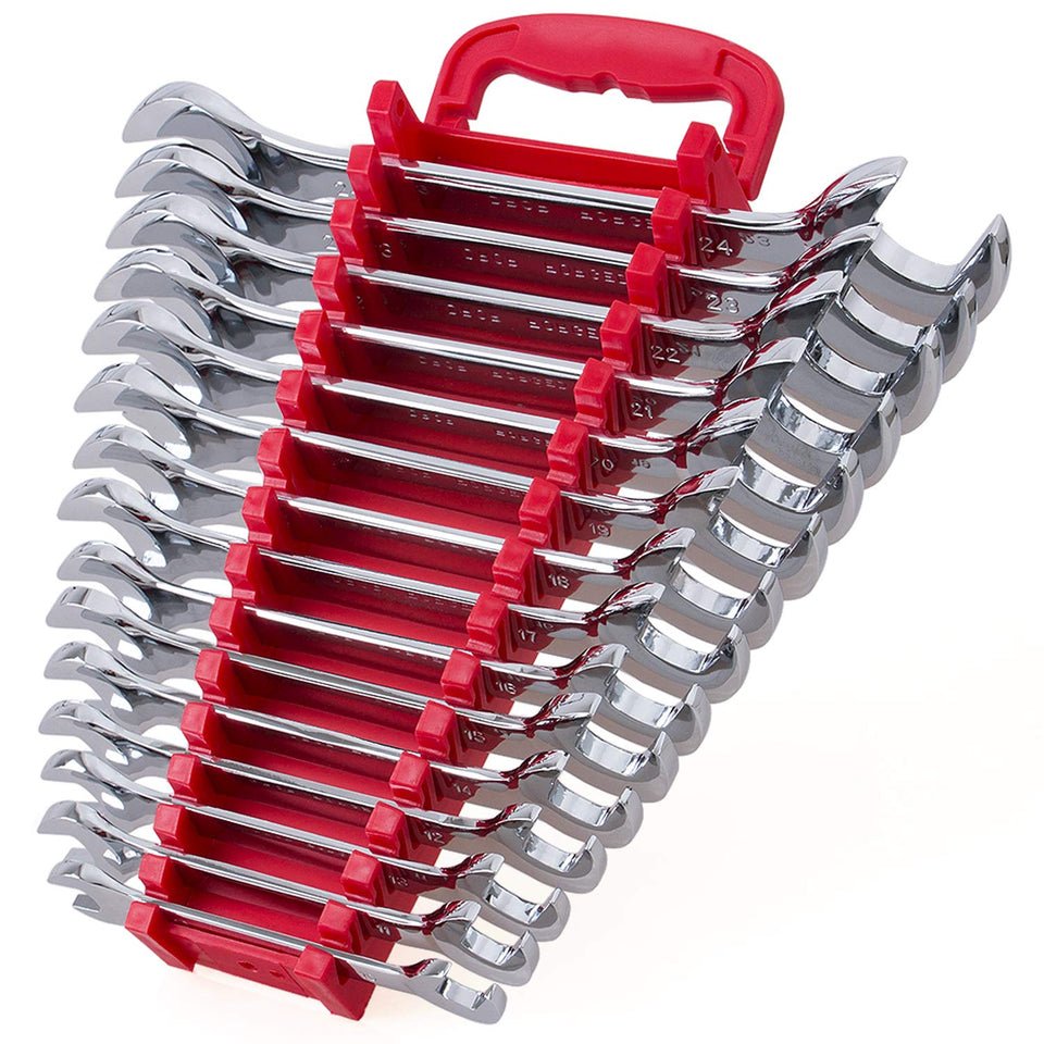 EFFICERE 15-piece angle-head wrench set with folding rack for organized storage and quick access.