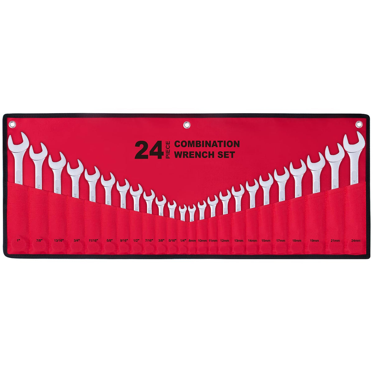 EFFICERE 24-piece master wrench set with roll pouch for portable storage.