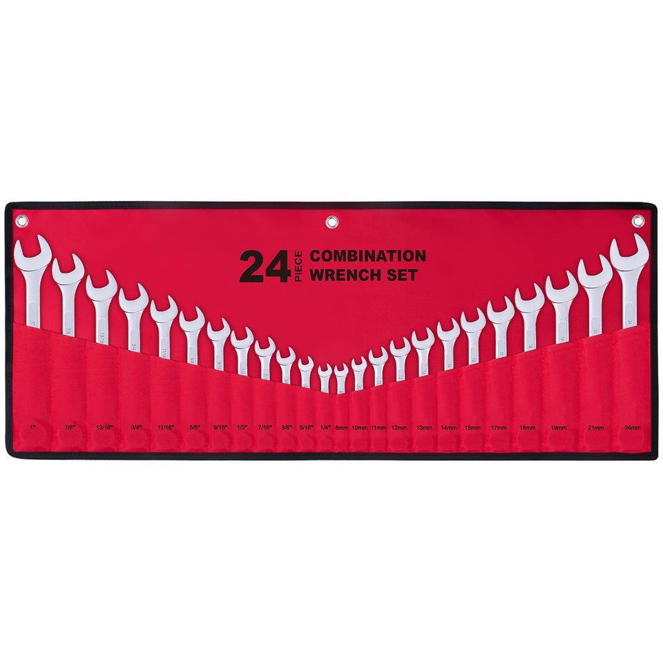EFFICERE 24-piece master wrench set with roll pouch for portable storage.