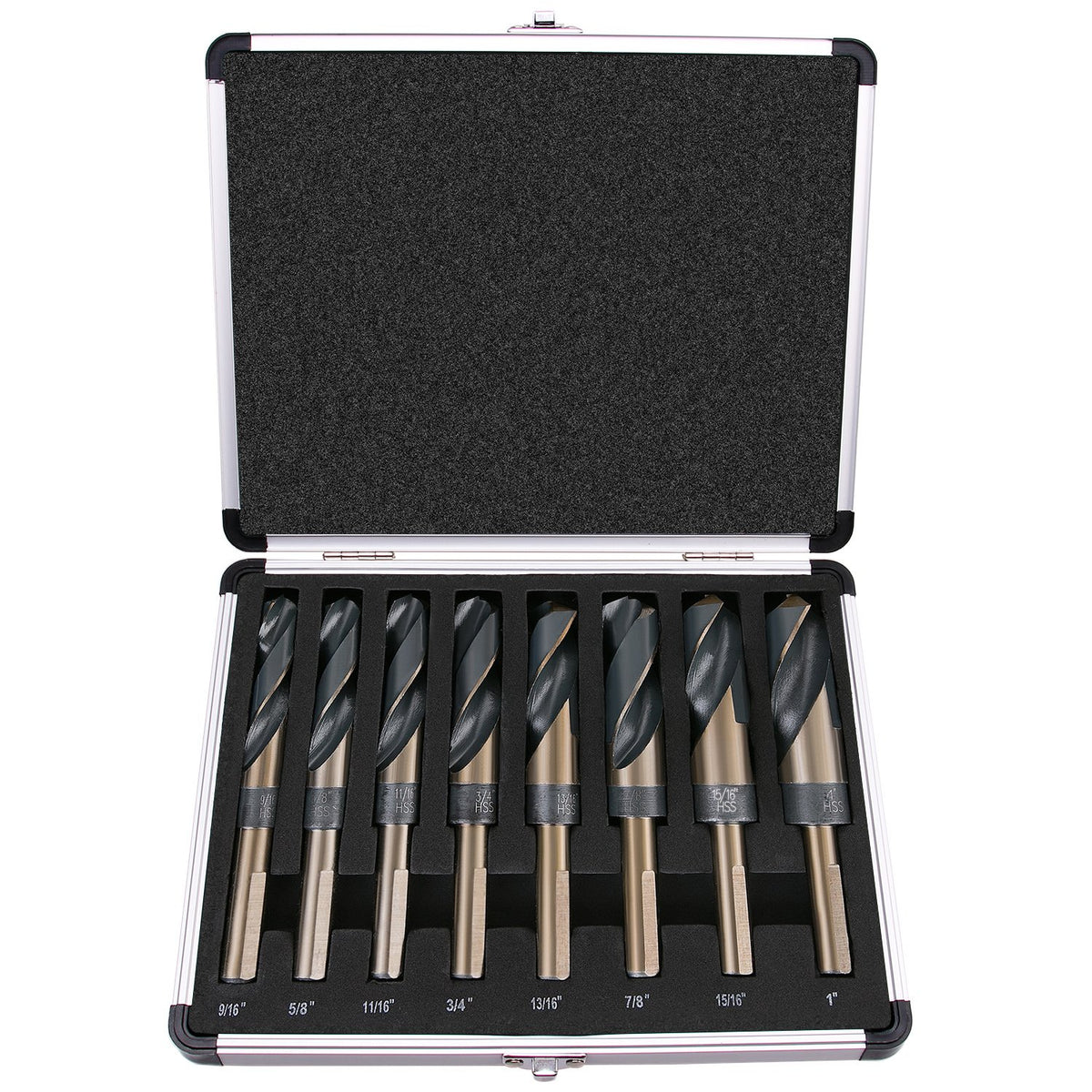 EFFICERE 8-piece drill bit set in an aluminum case for organized storage and transport.