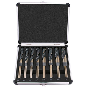 EFFICERE 8-piece drill bit set in an aluminum case for organized storage and transport.