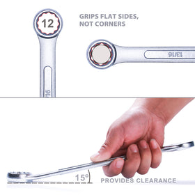 15-degree angled open end aids access in tight spaces.