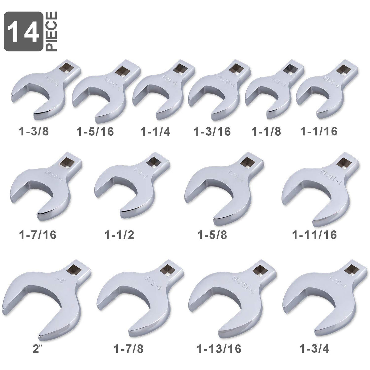 EFFICERE chrome vanadium crowfoot wrenches gleam with rust-preventive finish for durability.
