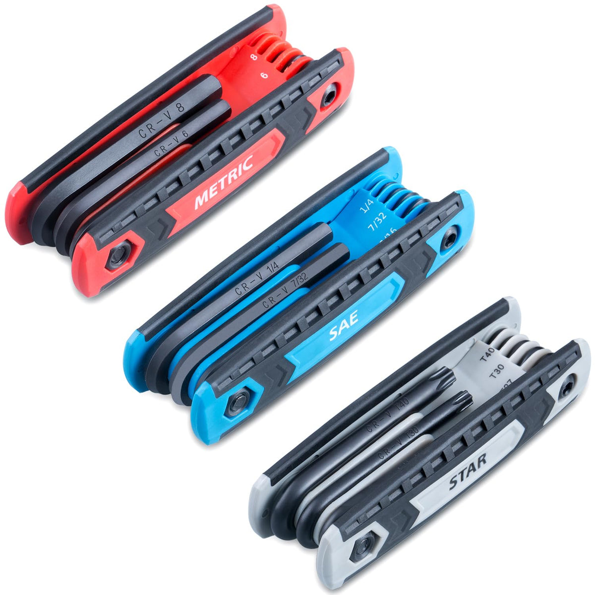 EFFICERE ergonomic handle folding hex keys for better leverage in tight spaces.