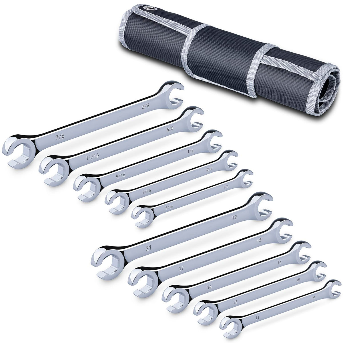 EFFICERE flare-nut wrench set roll pouch keeps tools organized for automotive and HVAC tasks.