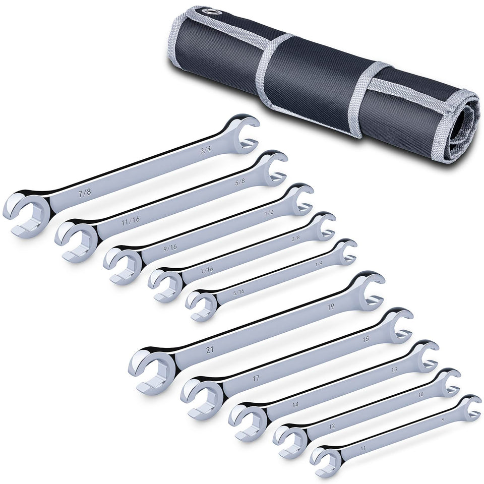 EFFICERE flare-nut wrench set roll pouch keeps tools organized for automotive and HVAC tasks.