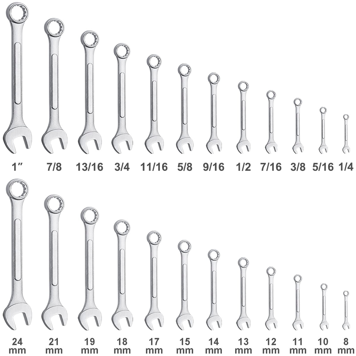 EFFICERE wrenches in metric and SAE sizes for versatile repairs.