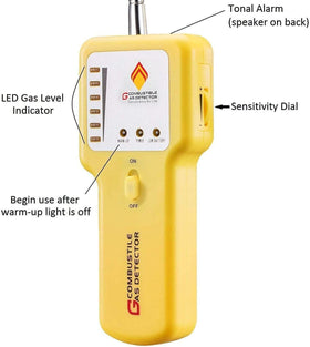 EG Gas Leak Detector side view highlights portable, bendable 12-inch probe.