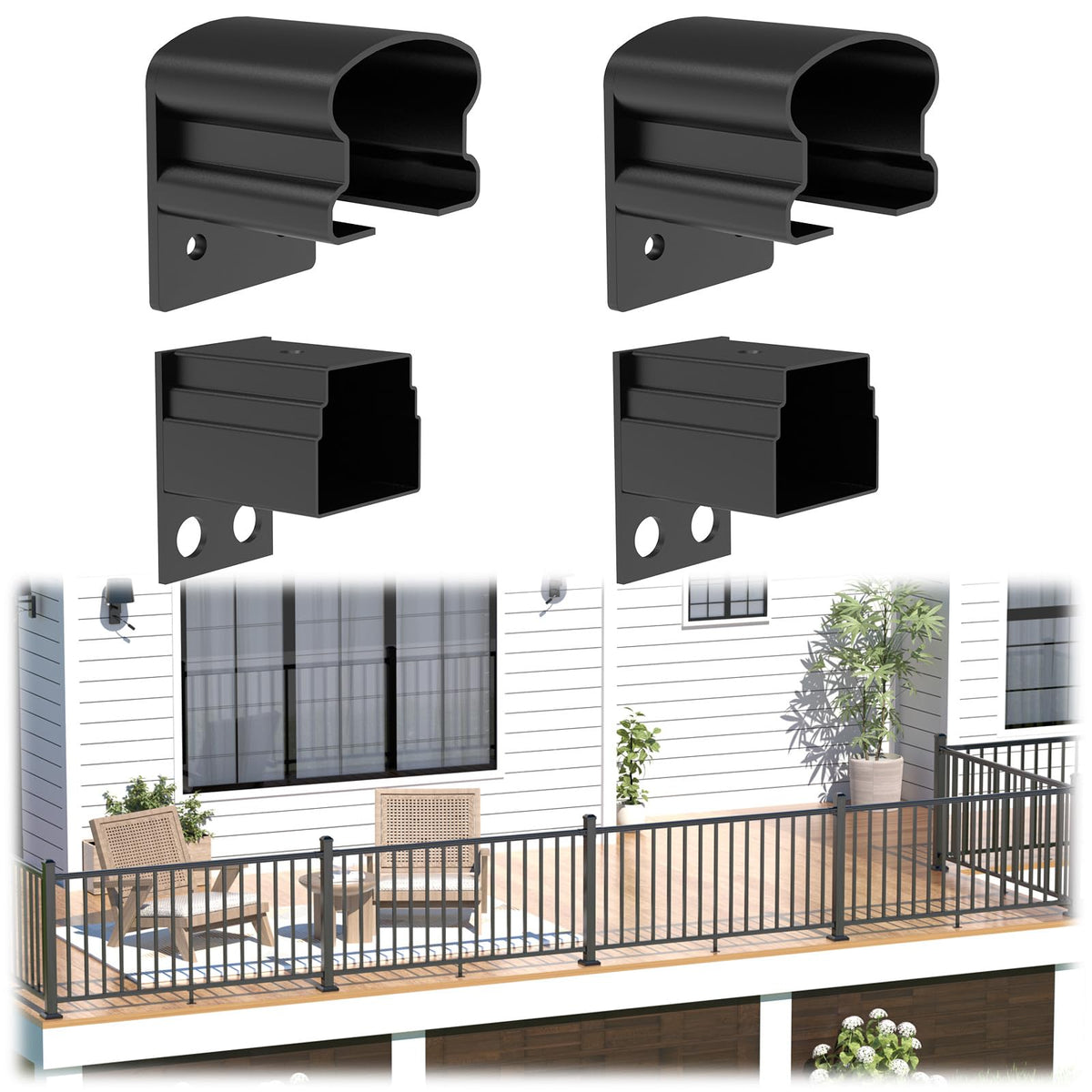 Egadis 4-pack deck bracket connectors in black textured finish for durable outdoor railing