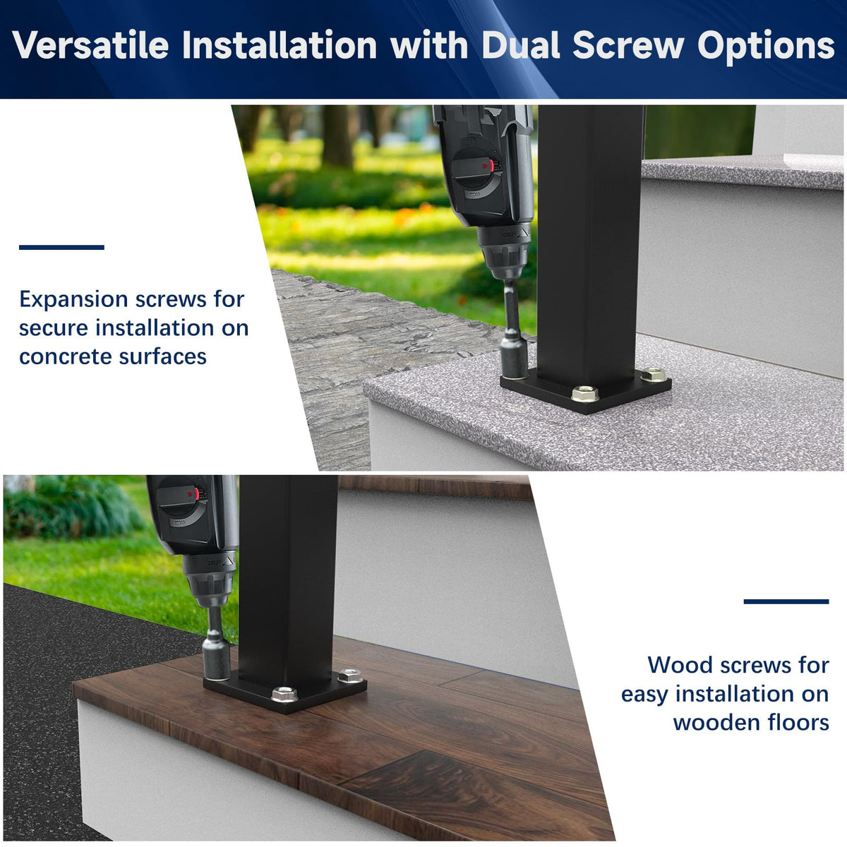 Egadis railing post installed on wood or concrete surfaces for versatility