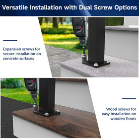 Egadis railing post installed on wood or concrete surfaces for versatility