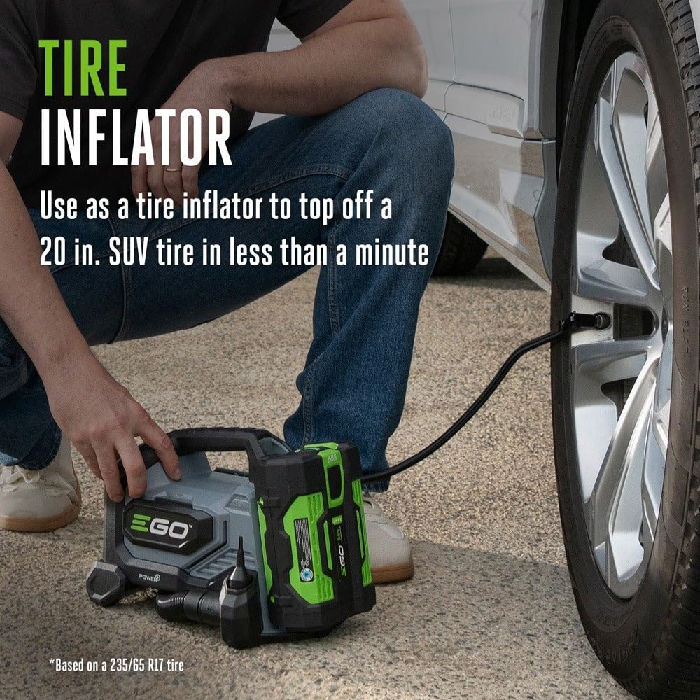 EGO Power+ compact inflator design fitting in a car trunk