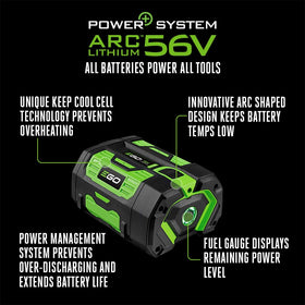 EGO Power+ 56V 7.5Ah battery showing five-segment runtime indicator.