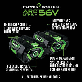 EGO Power+ 56V ARC Lithium fuel gauge visible for easy runtime tracking.