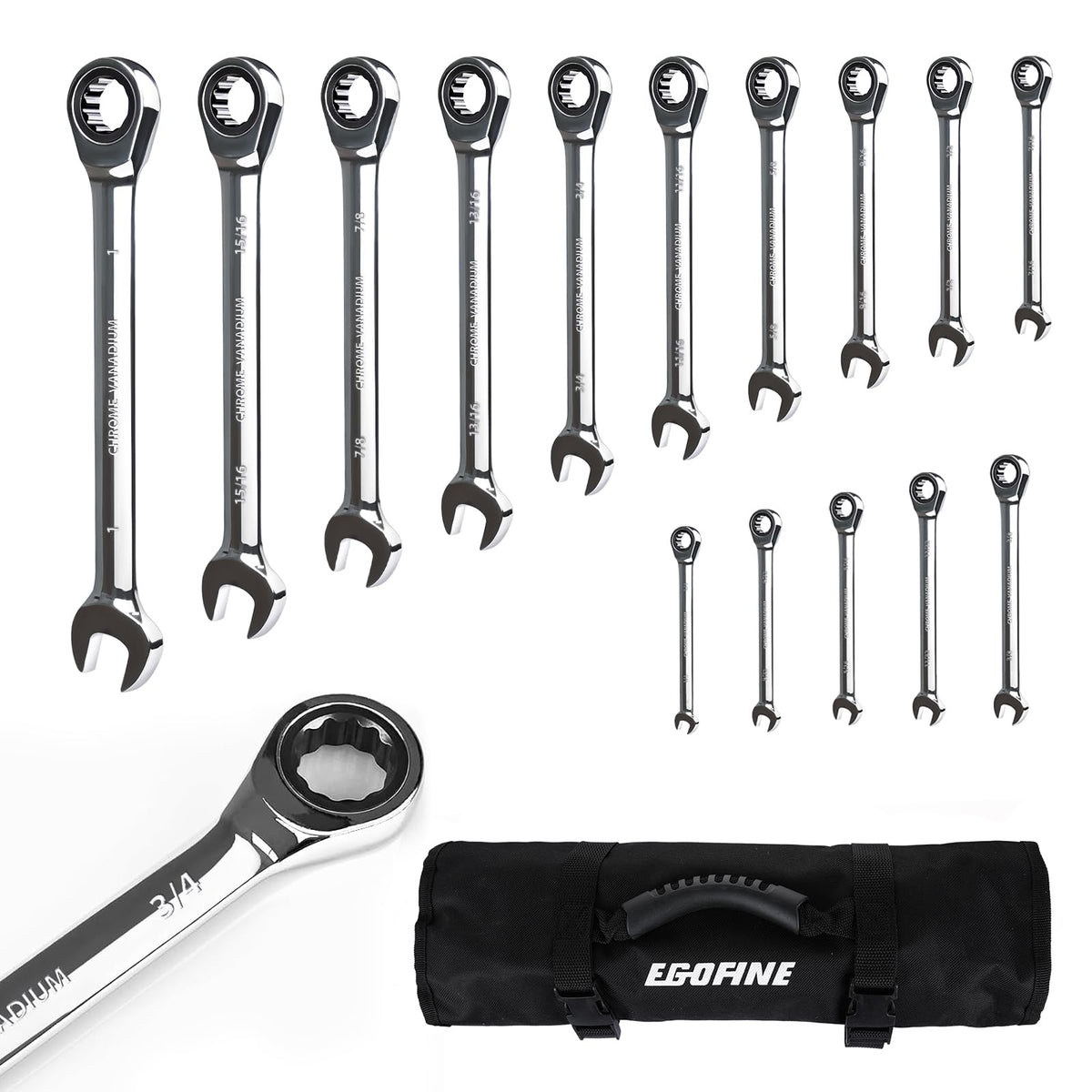 Egofine 15-piece SAE ratcheting wrench set for versatile automotive repairs