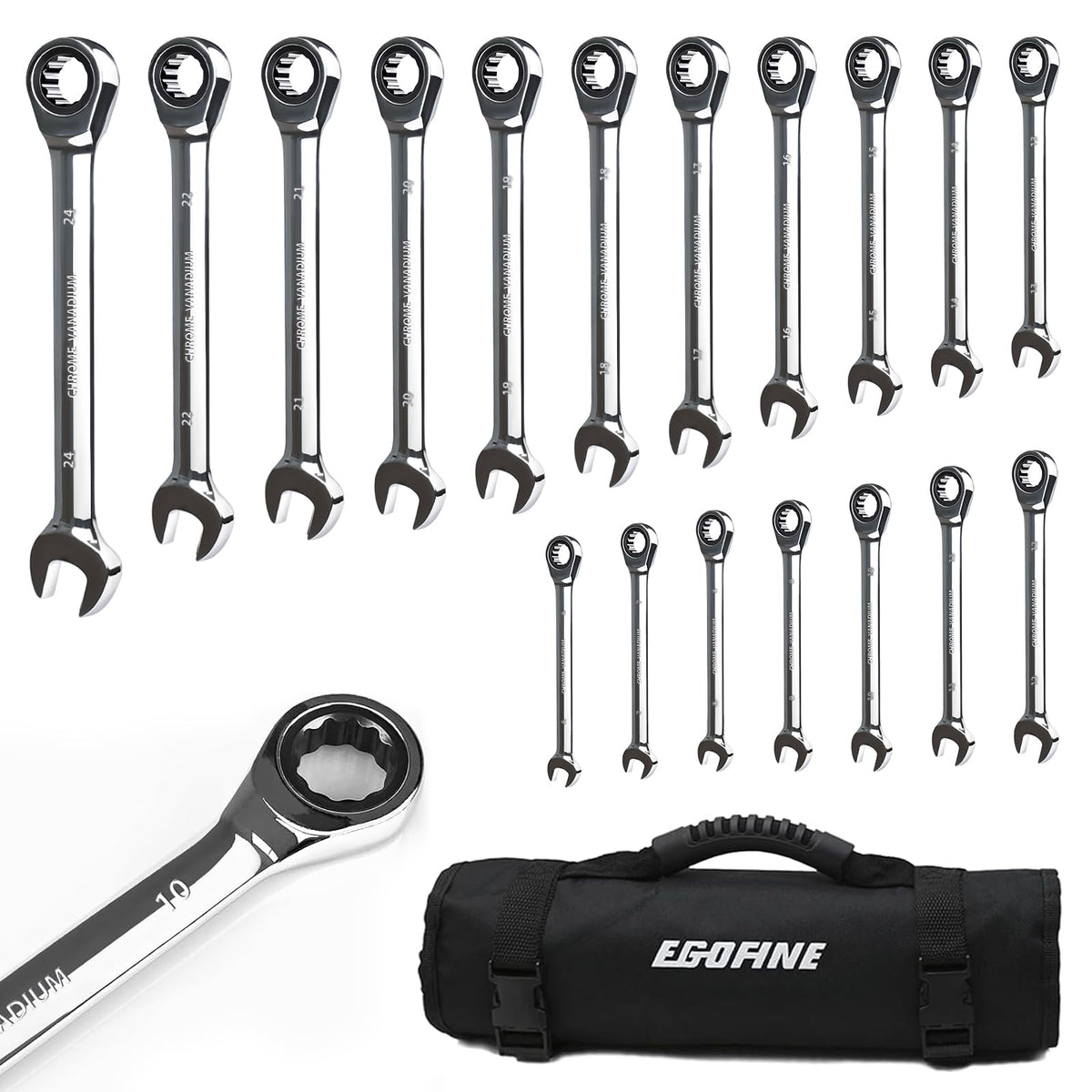 Egofine 18pc ratcheting wrench set laid out for quick size selection.