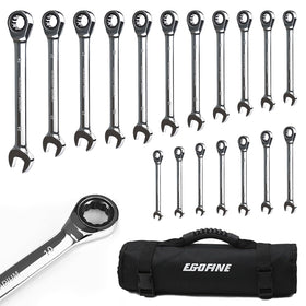 Egofine 18pc ratcheting wrench set laid out for quick size selection.