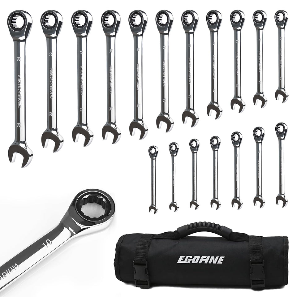 Egofine 18pc ratcheting wrench set laid out for quick size selection.