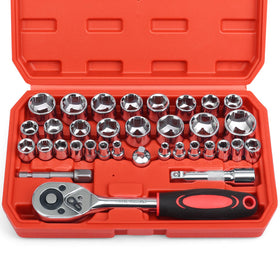 Egofine 34-piece three-eighths drive socket set showing full auto repair assortment