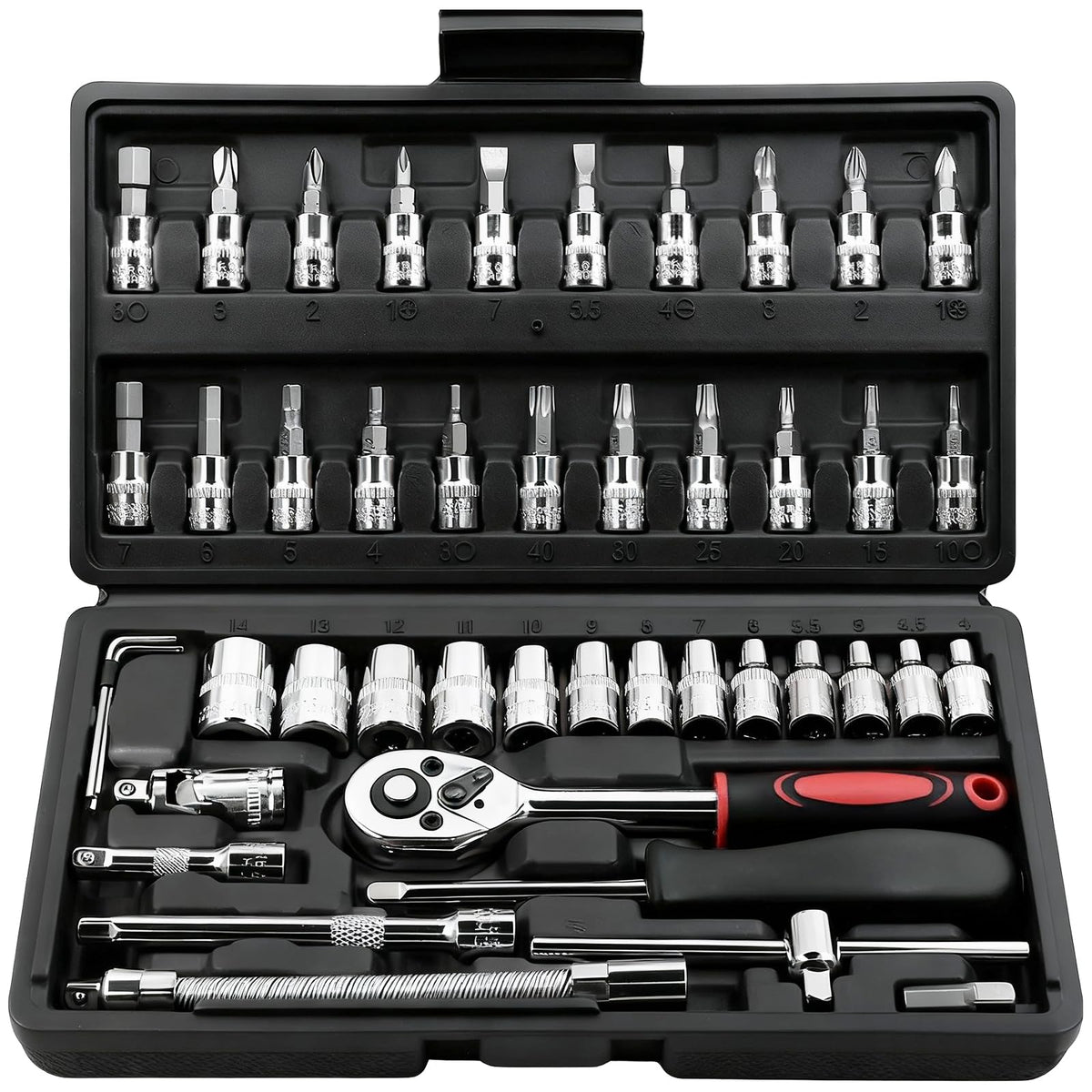 Egofine 46-piece 1-4 drive socket set with black case for organized auto repairs