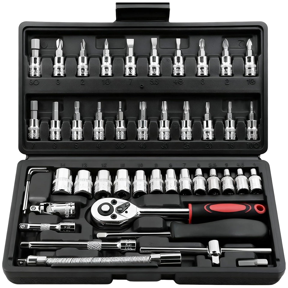 Egofine 46-piece 1-4 drive socket set with black case for organized auto repairs