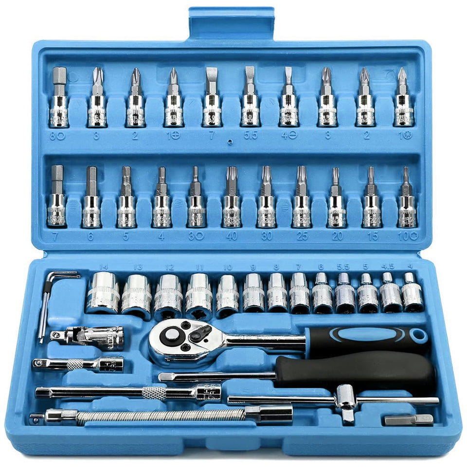 Egofine 46pc quarter-drive socket set in blue case, ideal for DIY auto repairs