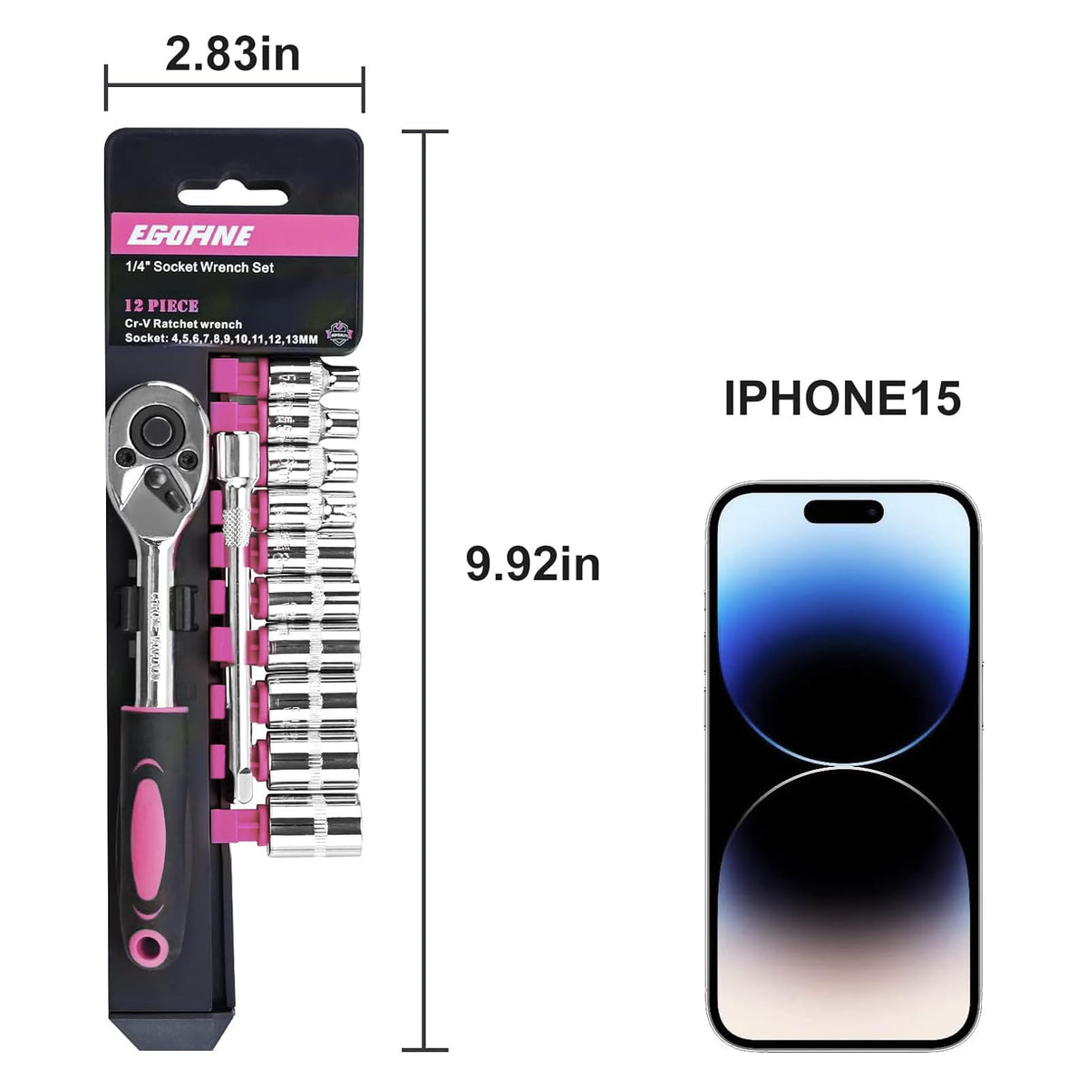 Egofine 24-tooth ratchet with 15-degree swing improves access.