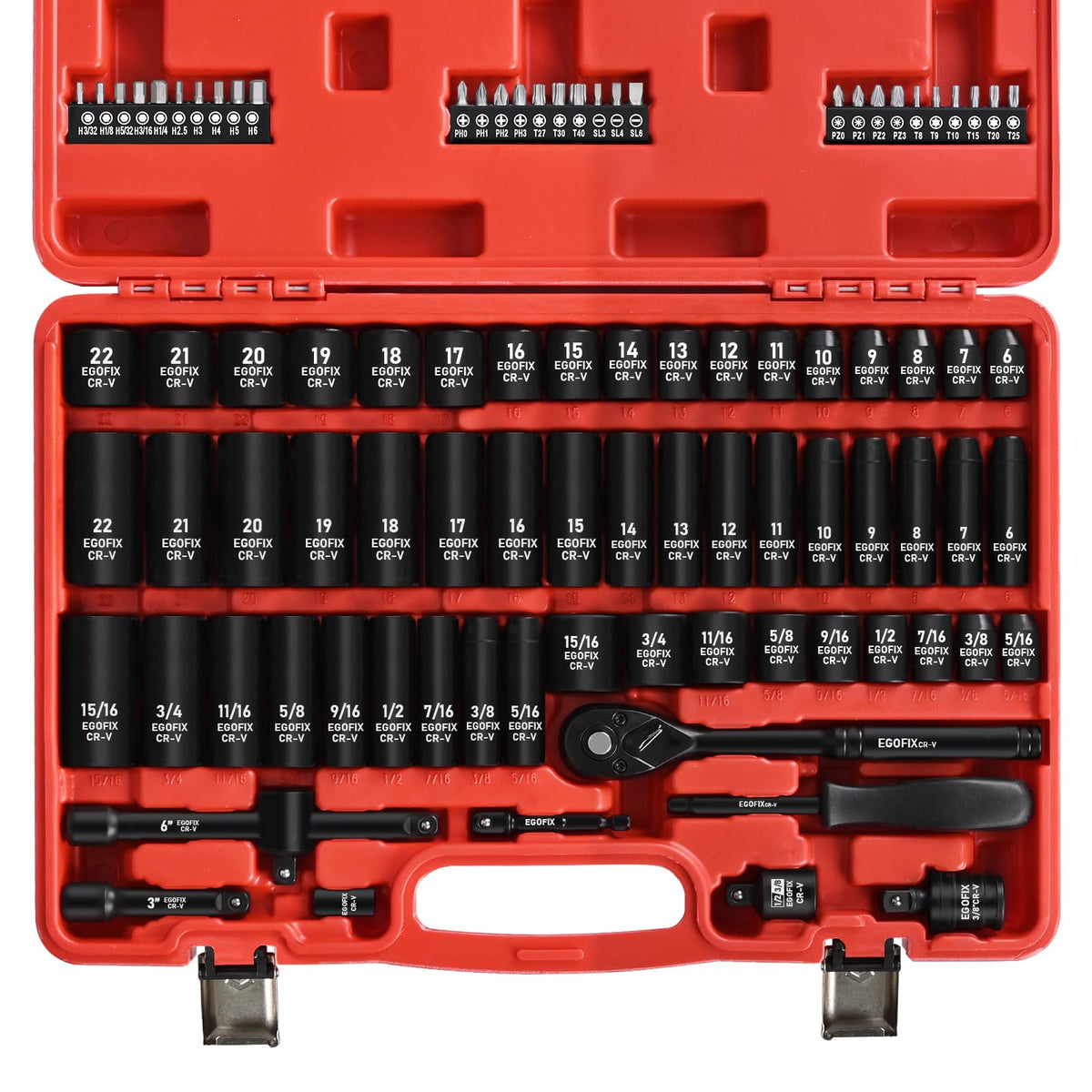 EGOFIX 3/8 drive socket set case with metric and SAE sockets for versatile repairs