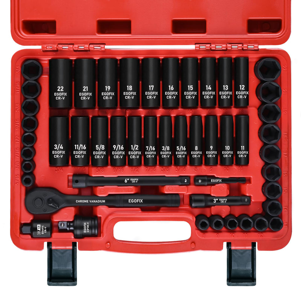 EGOFIX 50-piece socket set with 3/8-inch drive and clear engravings for quick identification