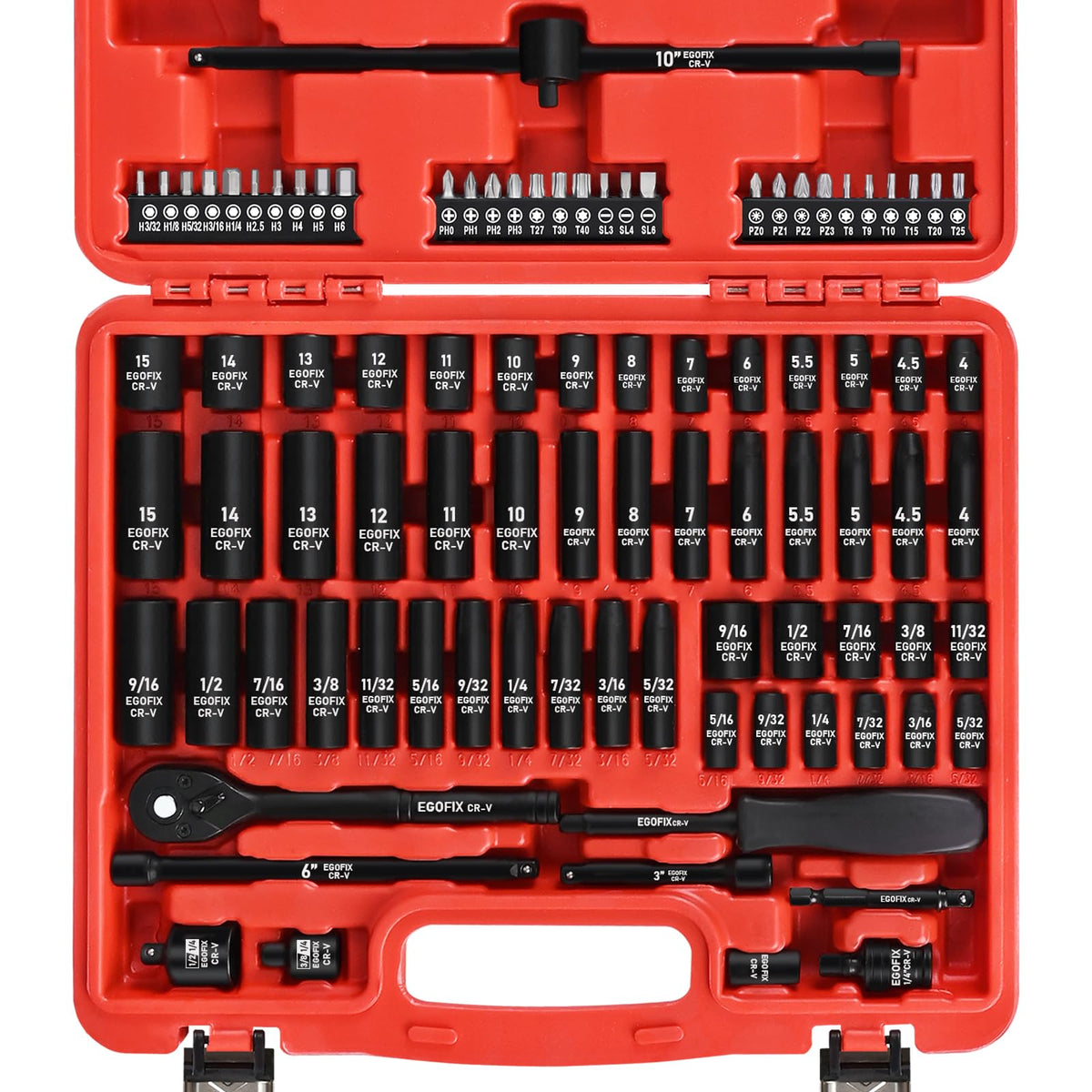 EGOFIX 90-piece socket set with metric and SAE sockets for home and auto repairs.