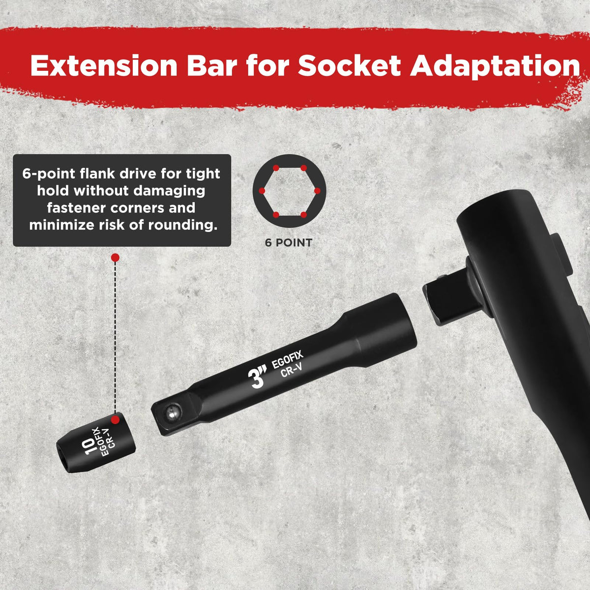 EGOFIX 6-inch extension bar enhances leverage on stubborn fasteners