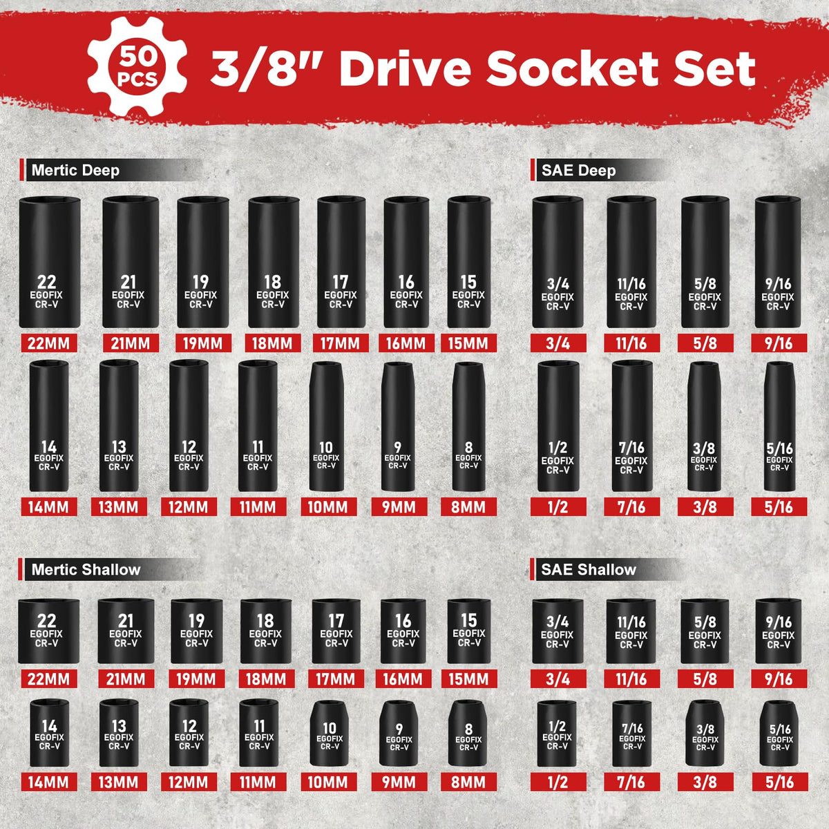 EGOFIX metric sockets in deep and shallow styles for versatile repairs