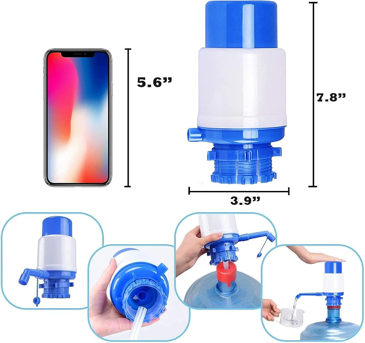 E-Greetshopping crown-fitting water pump demonstrates compatibility with 52–55 mm bottles for versatile use