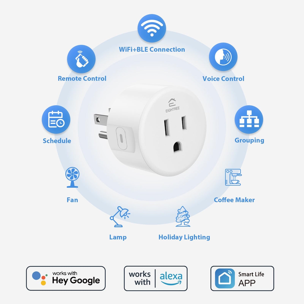 EIGHTREE smart plug remote control shown with smartphone for on-the-go power