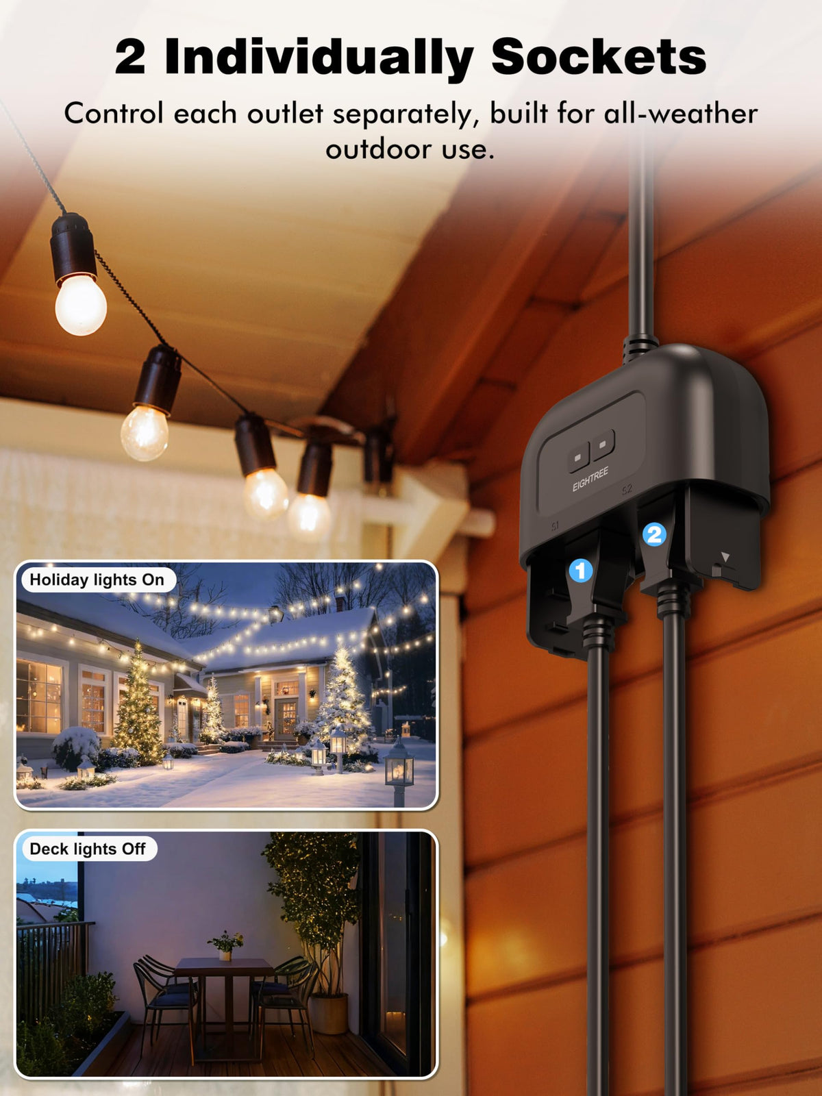 Eightree outdoor plug with voice control works with Alexa and Google Assistant.
