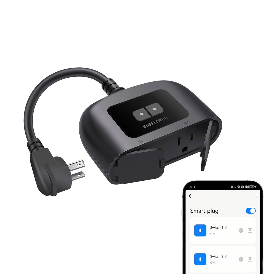 Eightree outdoor smart plug with dual outlets for independent device control outdoors.