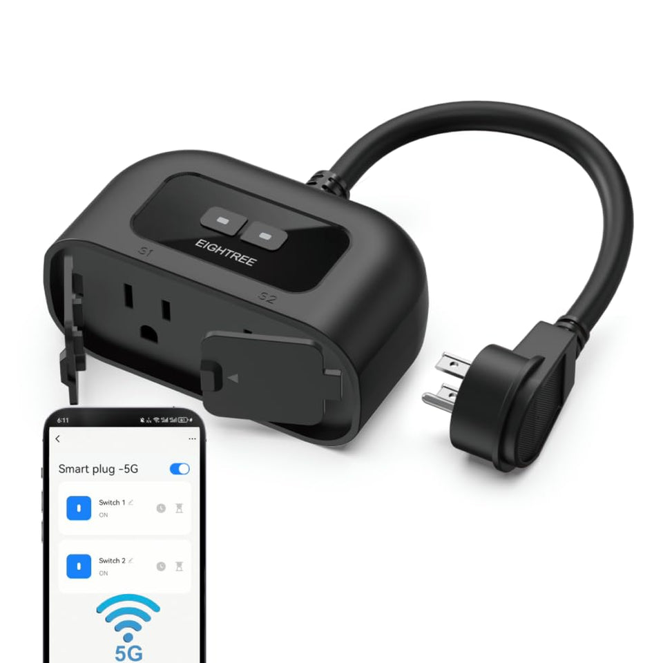 Eightree outdoor smart plug IP44 with two independent outlets for separate devices.