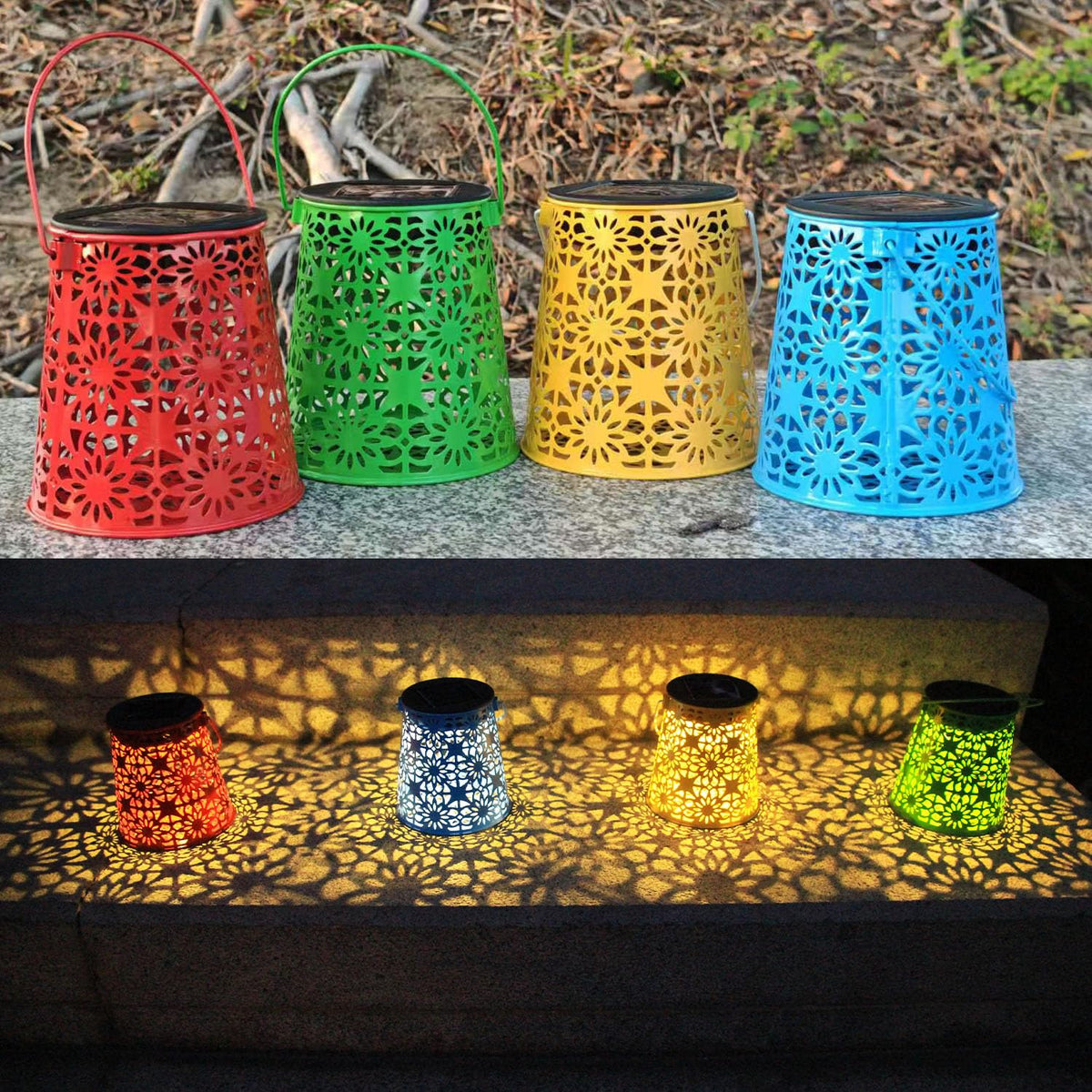 Eigreen 4-pack solar lanterns hanging on porch for cozy outdoor evenings.