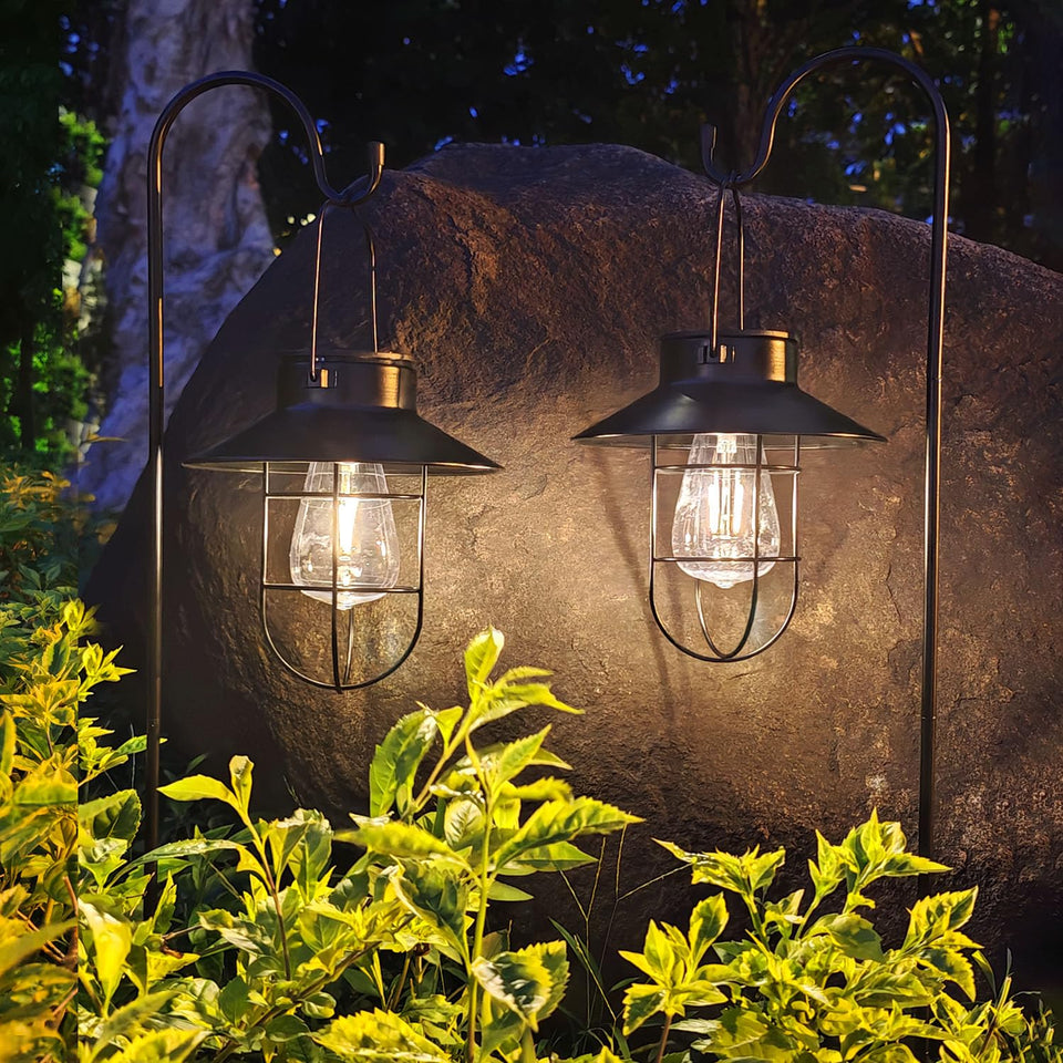 EiGreen solar lantern 2pack on a patio hook, soft evening ambiance