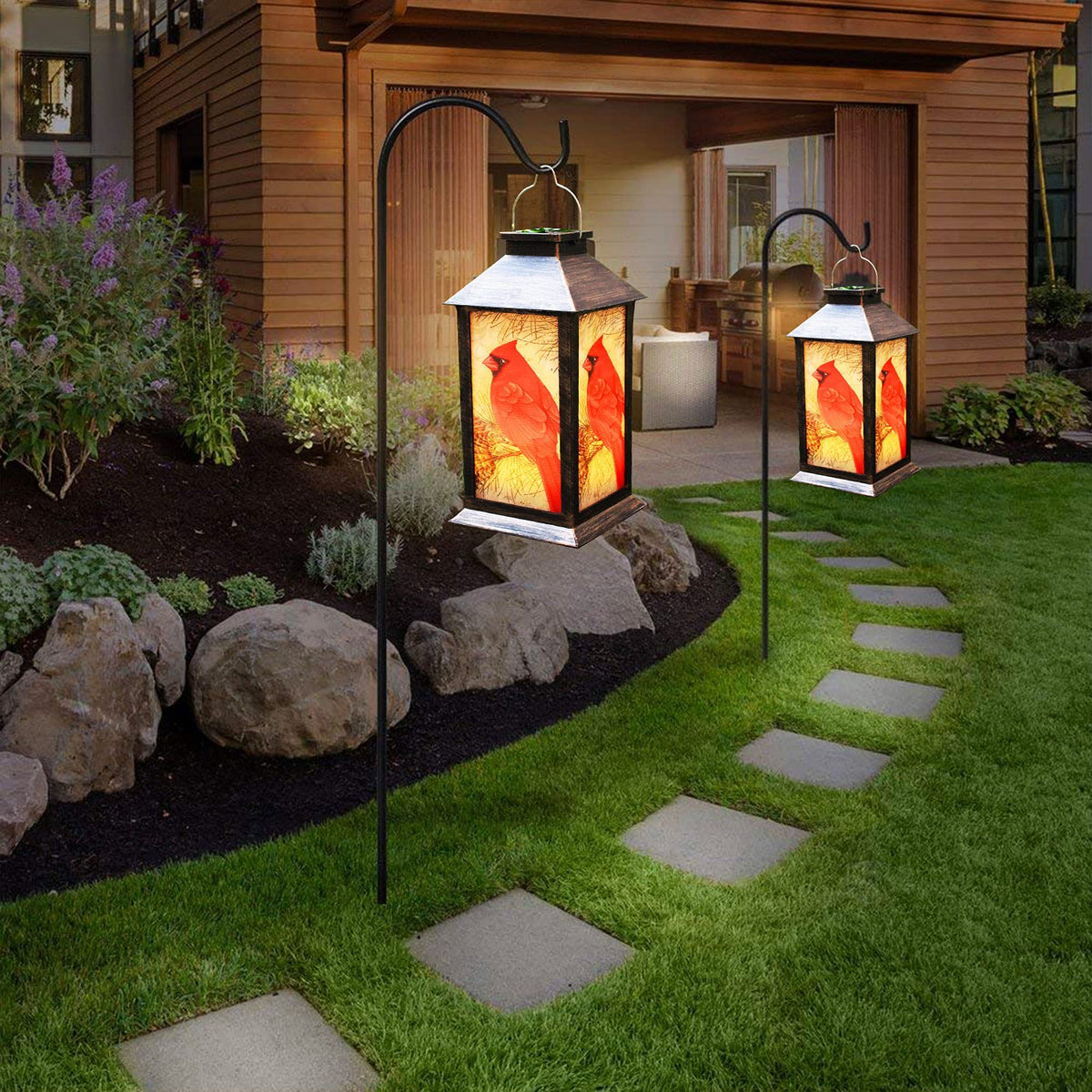 EiGreen solar lantern hanging outdoors enhances yard decor with warm glow