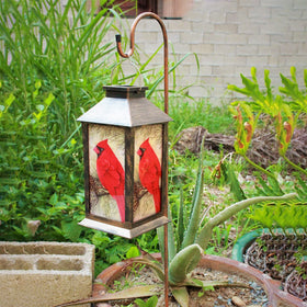 EiGreen red bird lantern on tabletop provides inviting patio lighting